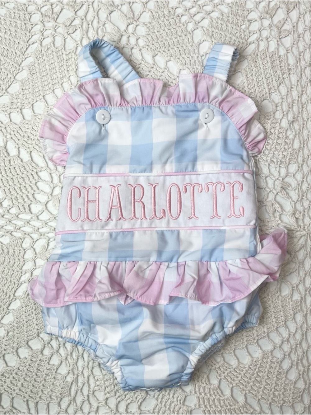 Classic Southern Smocks Baby Girl 6M Blue Gingham "Charlotte" Ruffle Swimsuit